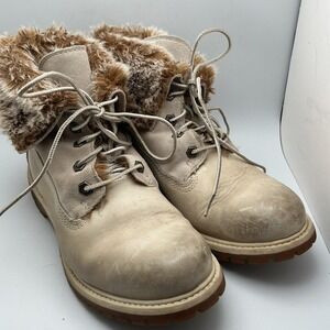 Timberland Faux Fur Fold Down Lace Up Wheat Boots Booties Brown/Cream Fur Sz 8.5